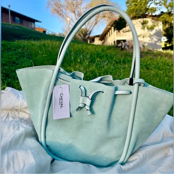 Cheval Firenze Seafoam Mint Suede Tote Made In Italy Drawstring Bag w/ Pouch NWT - Picture 10 of 11